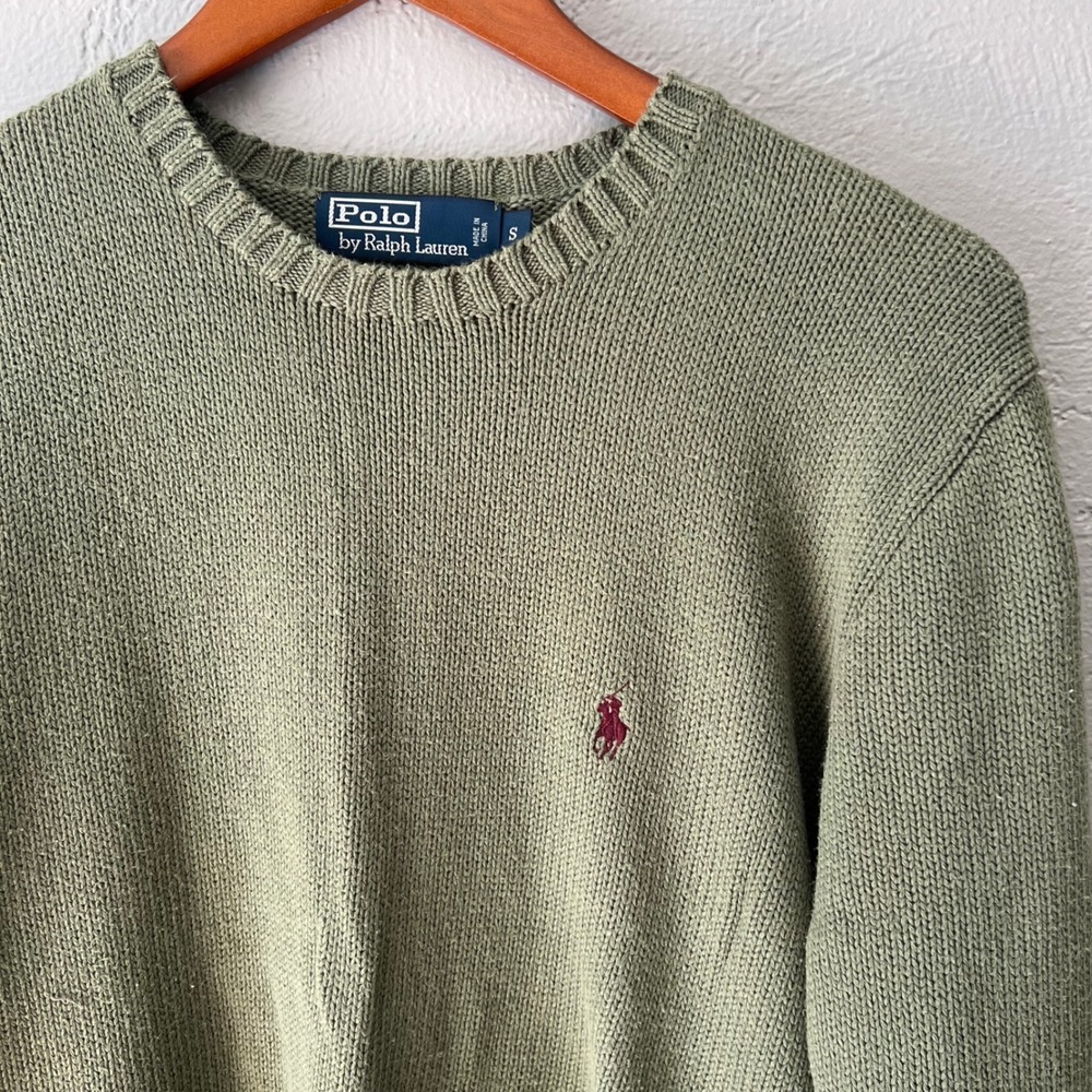 Polo Ralph Lauren Mens Small Olive Green Cotton Knit Crewneck Sweater Pony Logo